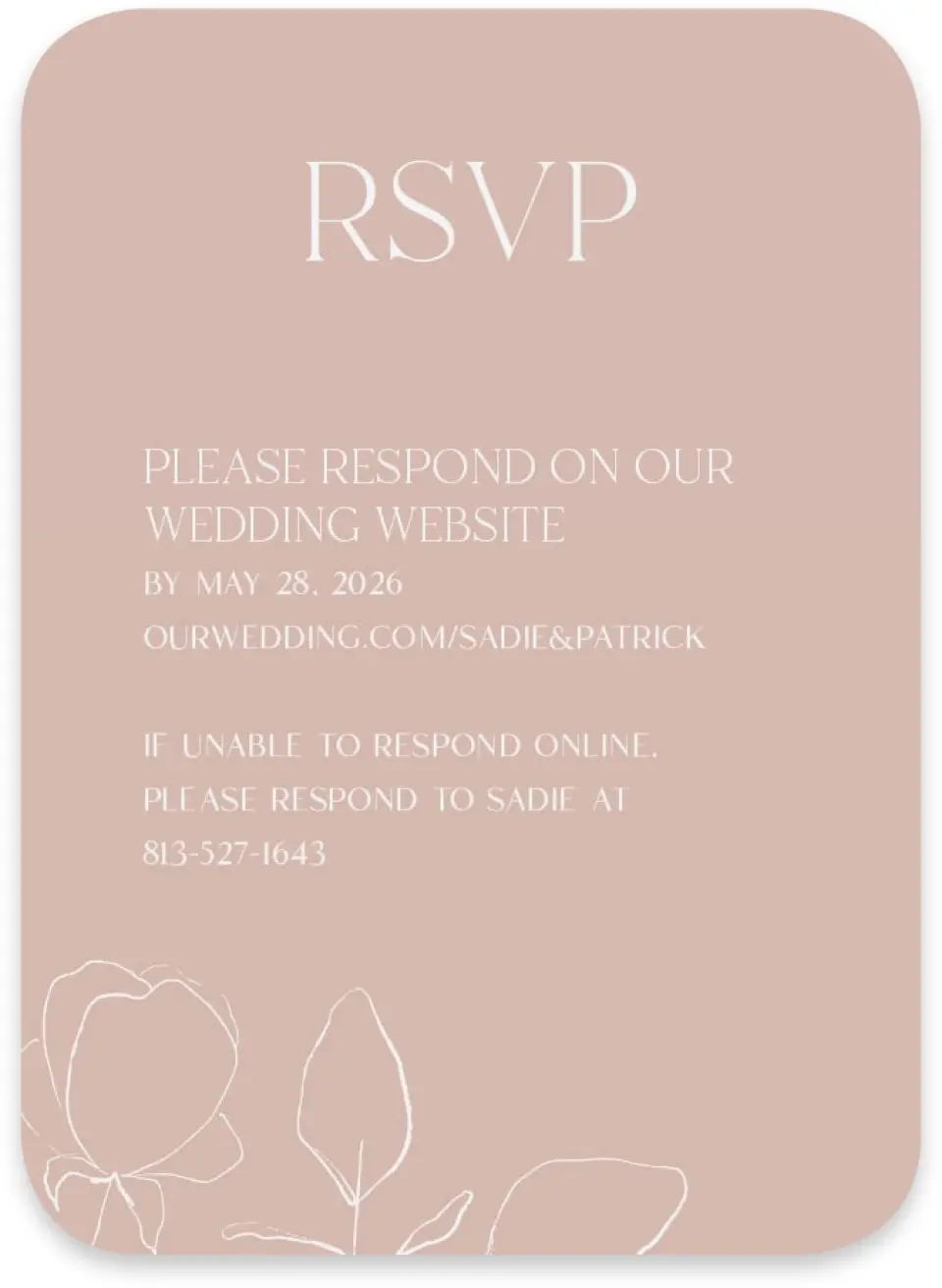 This is a 4½" x 3¼" Wedding Invitation RSVP Postcard called The Sadie printed in full color with Silver foil on Luxe Satin paper