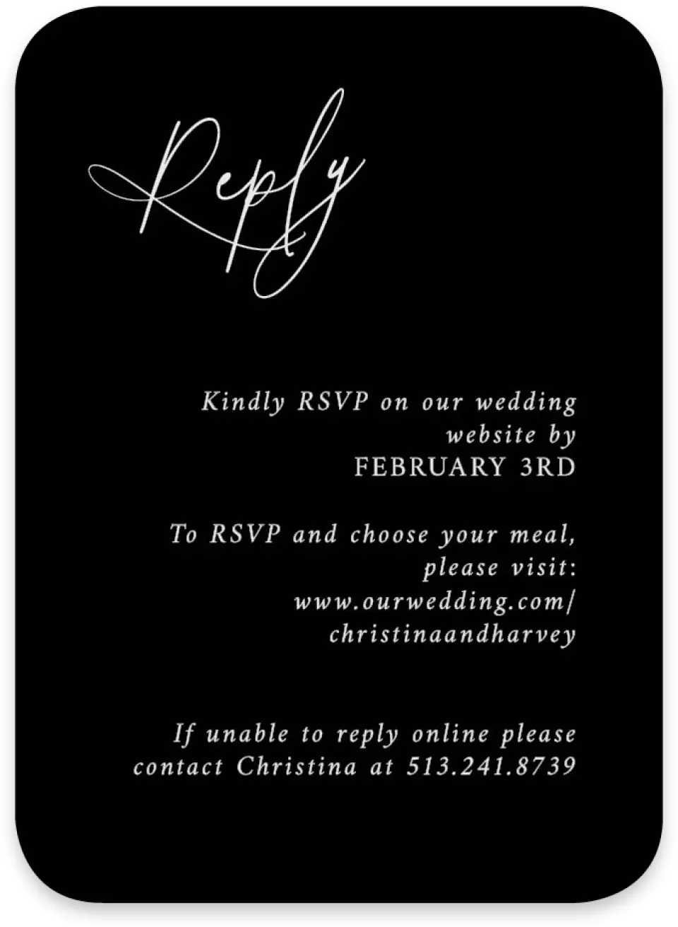 This is a 4½" x 3¼" Wedding Invitation RSVP Postcard called The Christina printed in full color on Luxe Satin paper