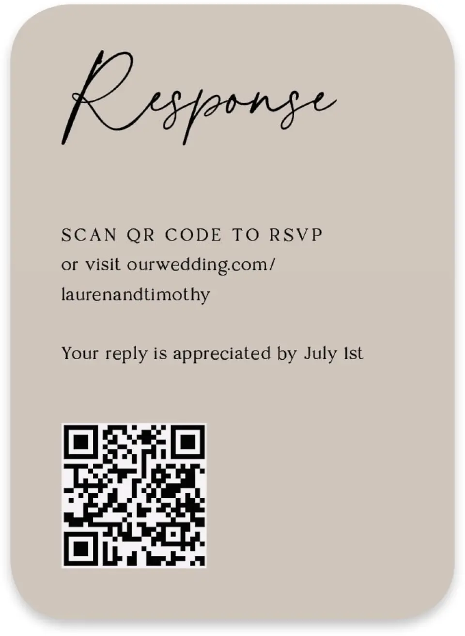 This is a 4½" x 3¼" Wedding Invitation RSVP Postcard called The Lauren printed in full color with Gold foil on Luxe Satin paper