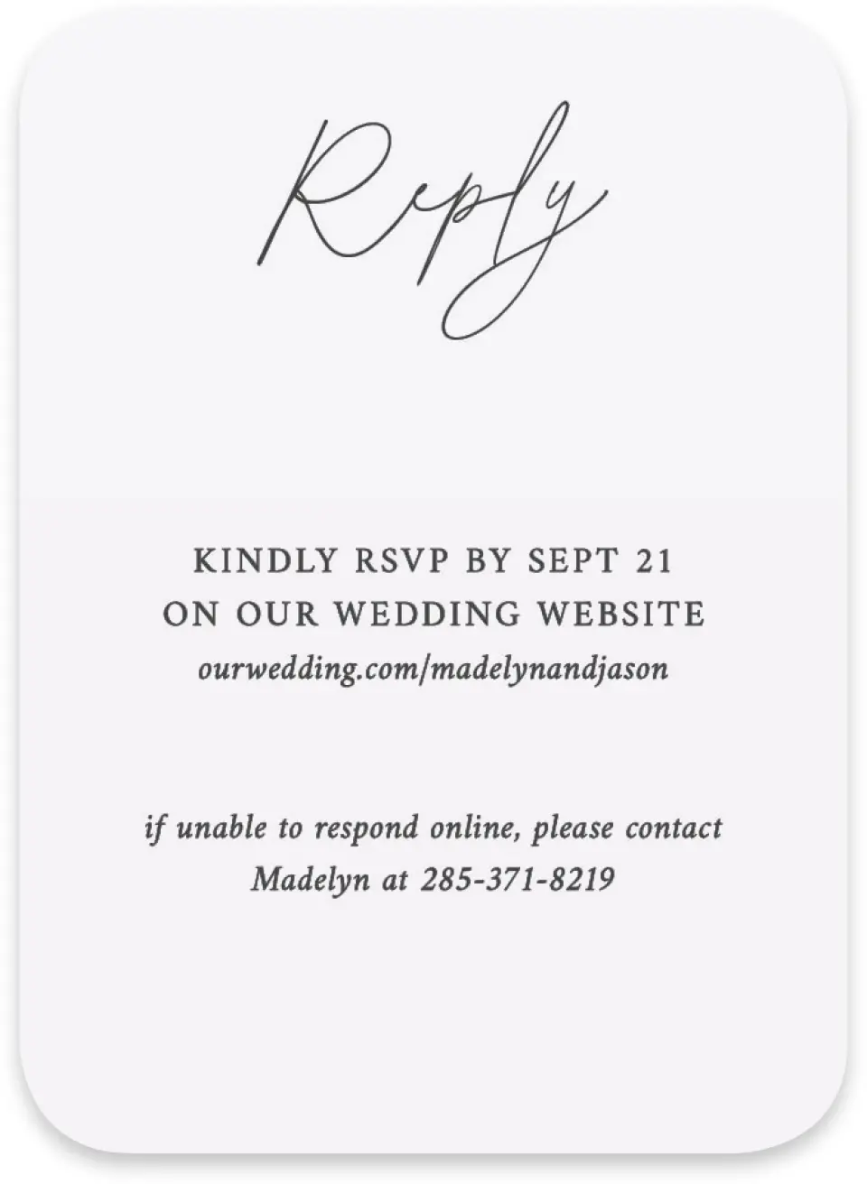This is a 4½" x 3¼" Wedding Invitation RSVP Postcard called The Madelyn printed in full color on Luxe Satin paper