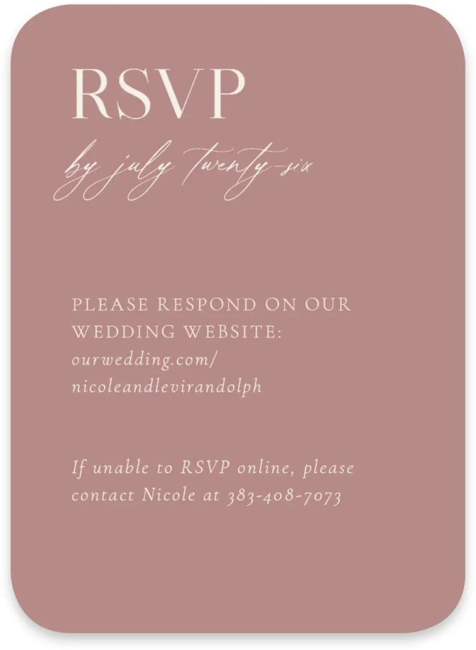 This is a 4½" x 3¼" Wedding Invitation RSVP Postcard called The Nicole printed in full color on Luxe Satin paper