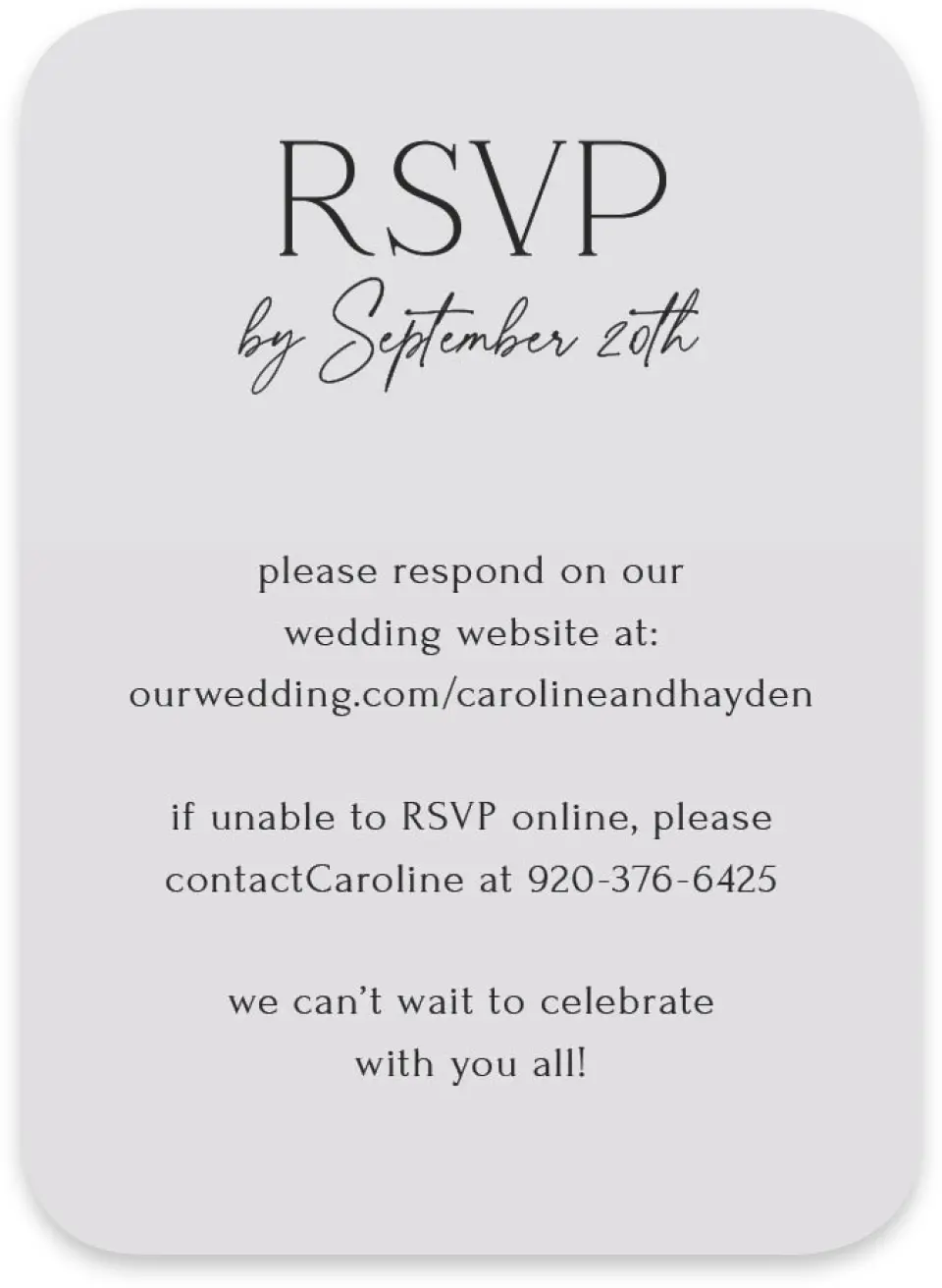 This is a 4½" x 3¼" Wedding Invitation RSVP Postcard called The Caroline printed in full color on Luxe Satin paper