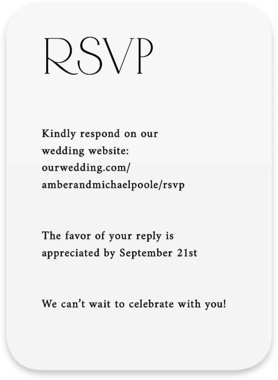 This is a 4½" x 3¼" Wedding Invitation RSVP Postcard called The Amber printed in full color on Luxe Satin paper