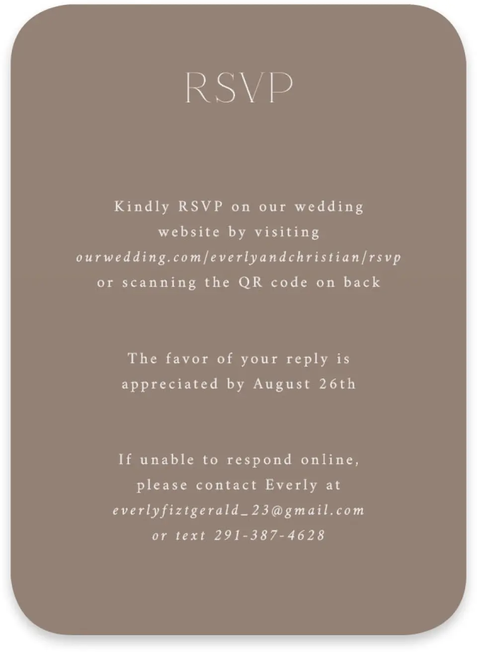 This is a 4½" x 3¼" Wedding Invitation RSVP Postcard called The Everly printed in full color on Luxe Satin paper