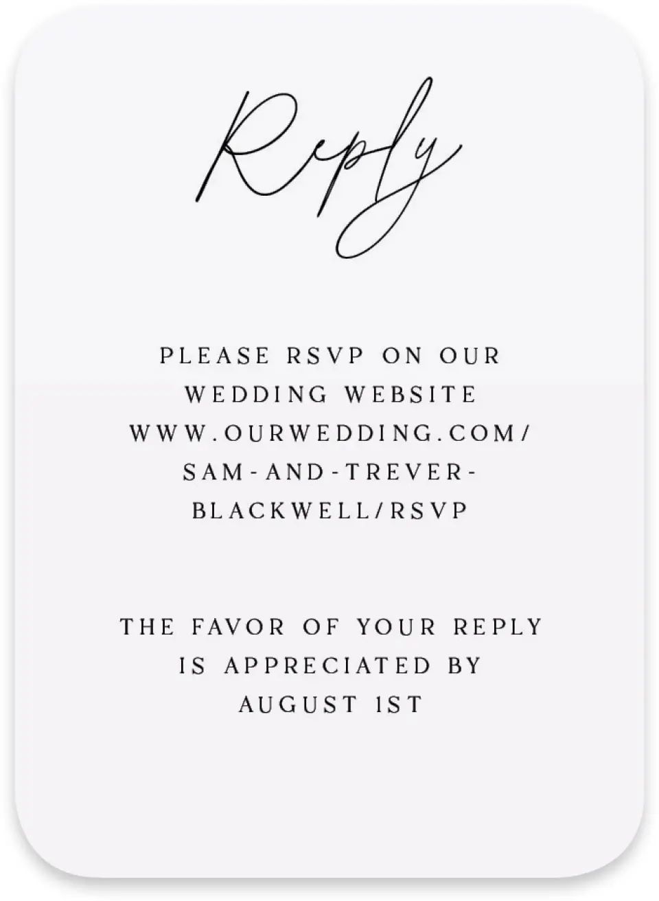 This is a 4½" x 3¼" Wedding Invitation RSVP Postcard called The Samantha printed in full color on Luxe Satin paper
