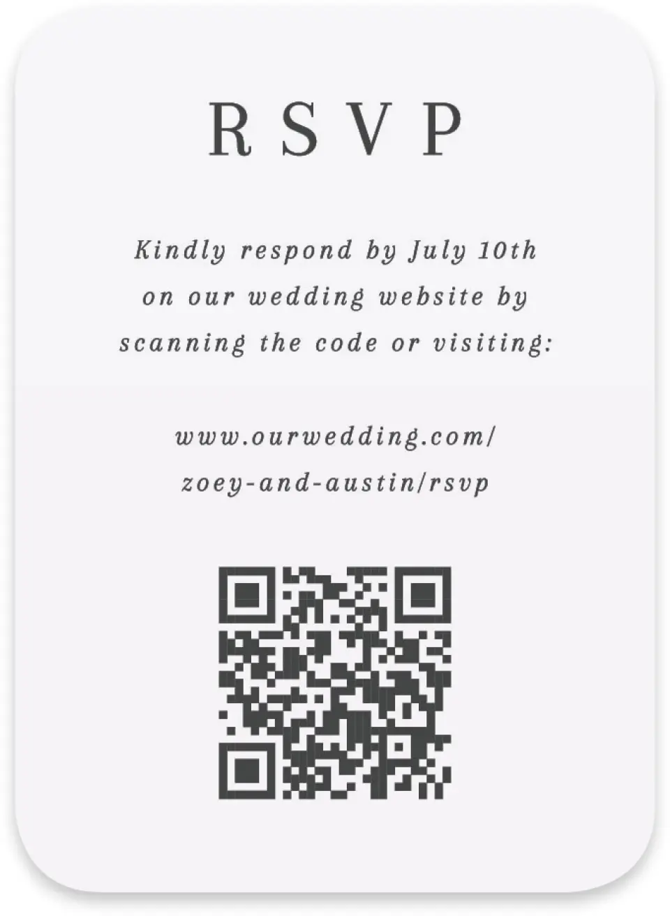 This is a 4½" x 3¼" Wedding Invitation RSVP Postcard called The Zoey printed in full color on Luxe Satin paper