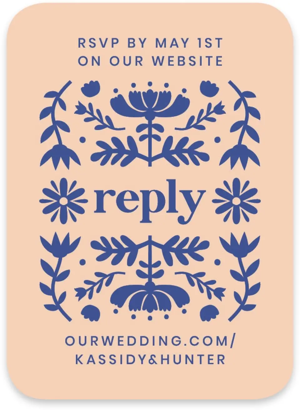 This is a 4½" x 3¼" Wedding Invitation RSVP Postcard called The Kassidy printed in full color on Luxe Satin paper