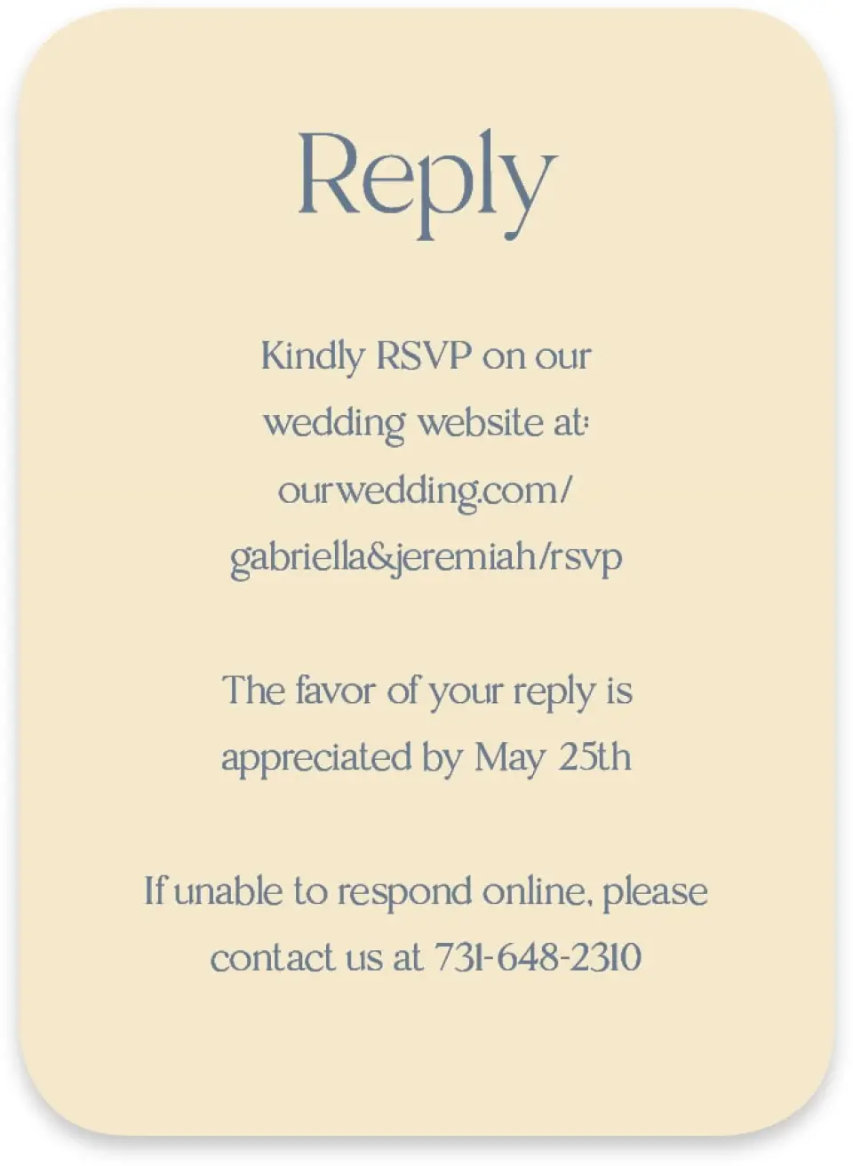 This is a 4½" x 3¼" Wedding Invitation RSVP Postcard called The Gabriella printed in full color on Luxe Satin paper