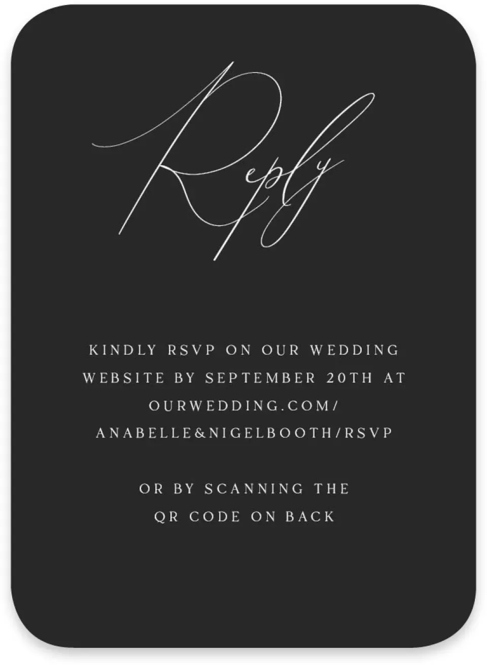 This is a 4½" x 3¼" Wedding Invitation RSVP Postcard called The Anabelle printed in full color on Luxe Satin paper