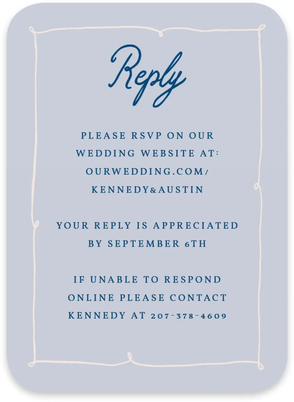This is a 4½" x 3¼" Wedding Invitation RSVP Postcard called The Kennedy printed in full color on Luxe Satin paper