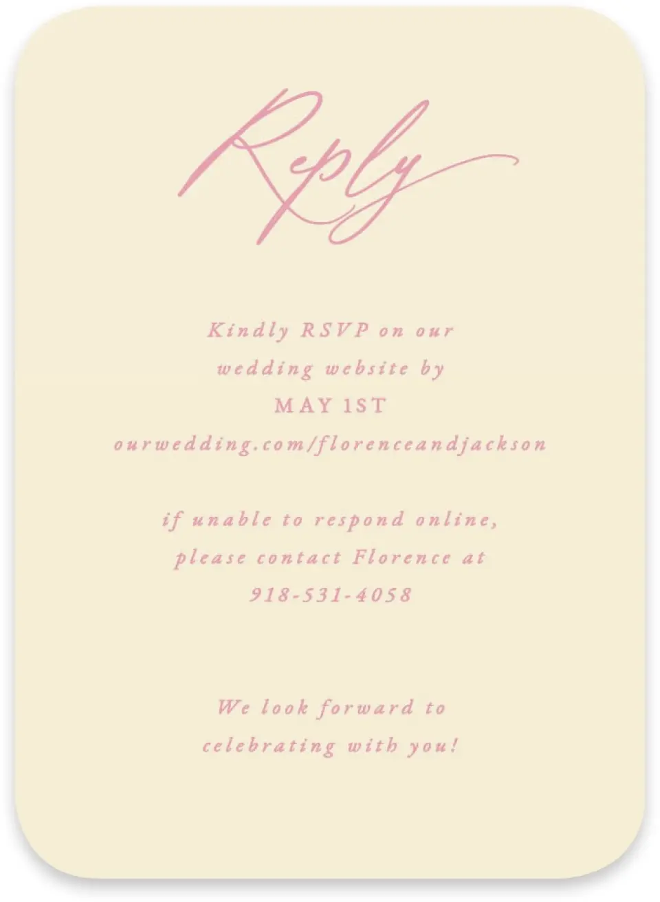 This is a 4½" x 3¼" Wedding Invitation RSVP Postcard called The Florence printed in full color on Luxe Satin paper