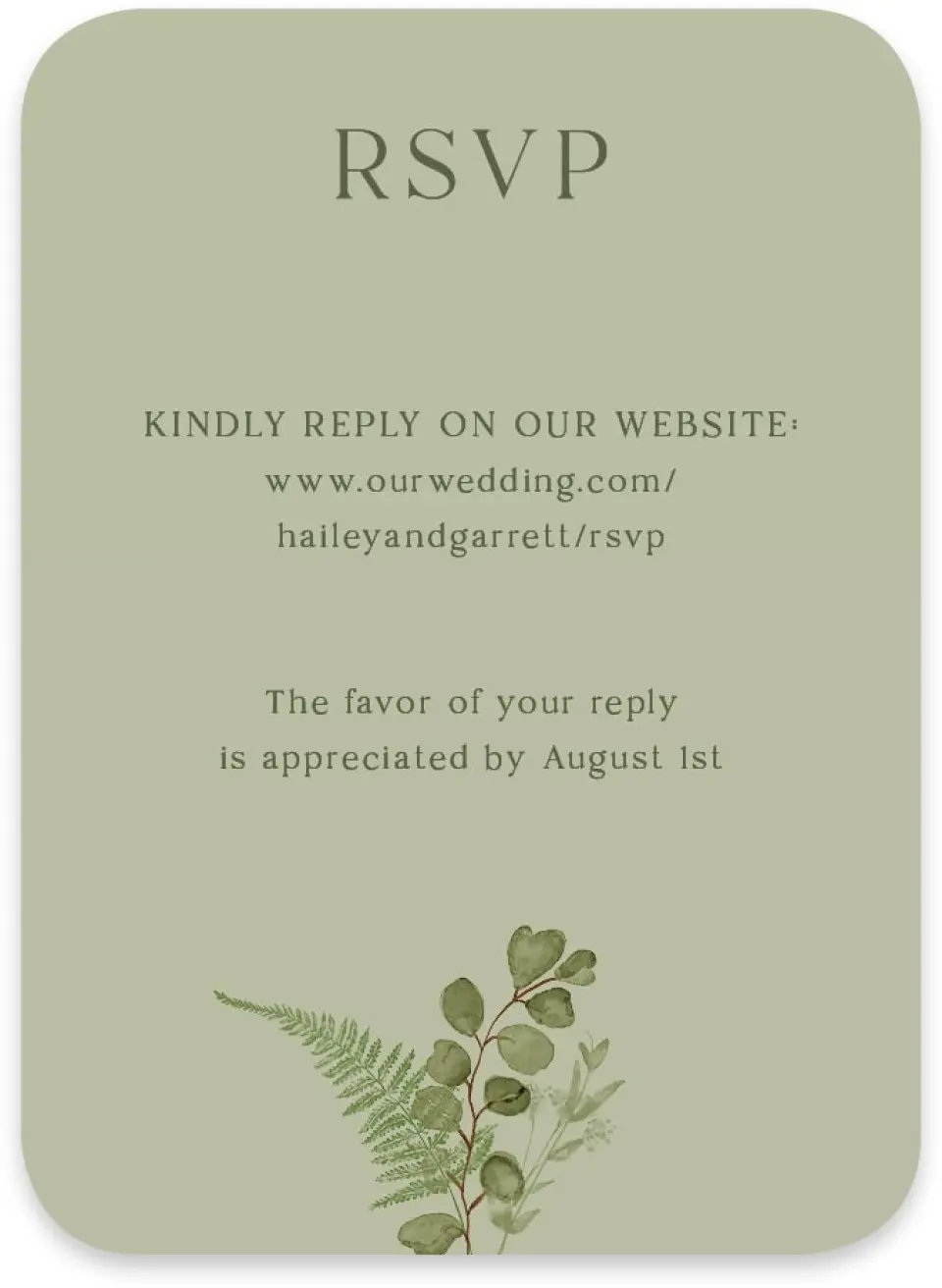 This is a 4½" x 3¼" Wedding Invitation RSVP Postcard called The Hailey printed in full color on Luxe Satin paper