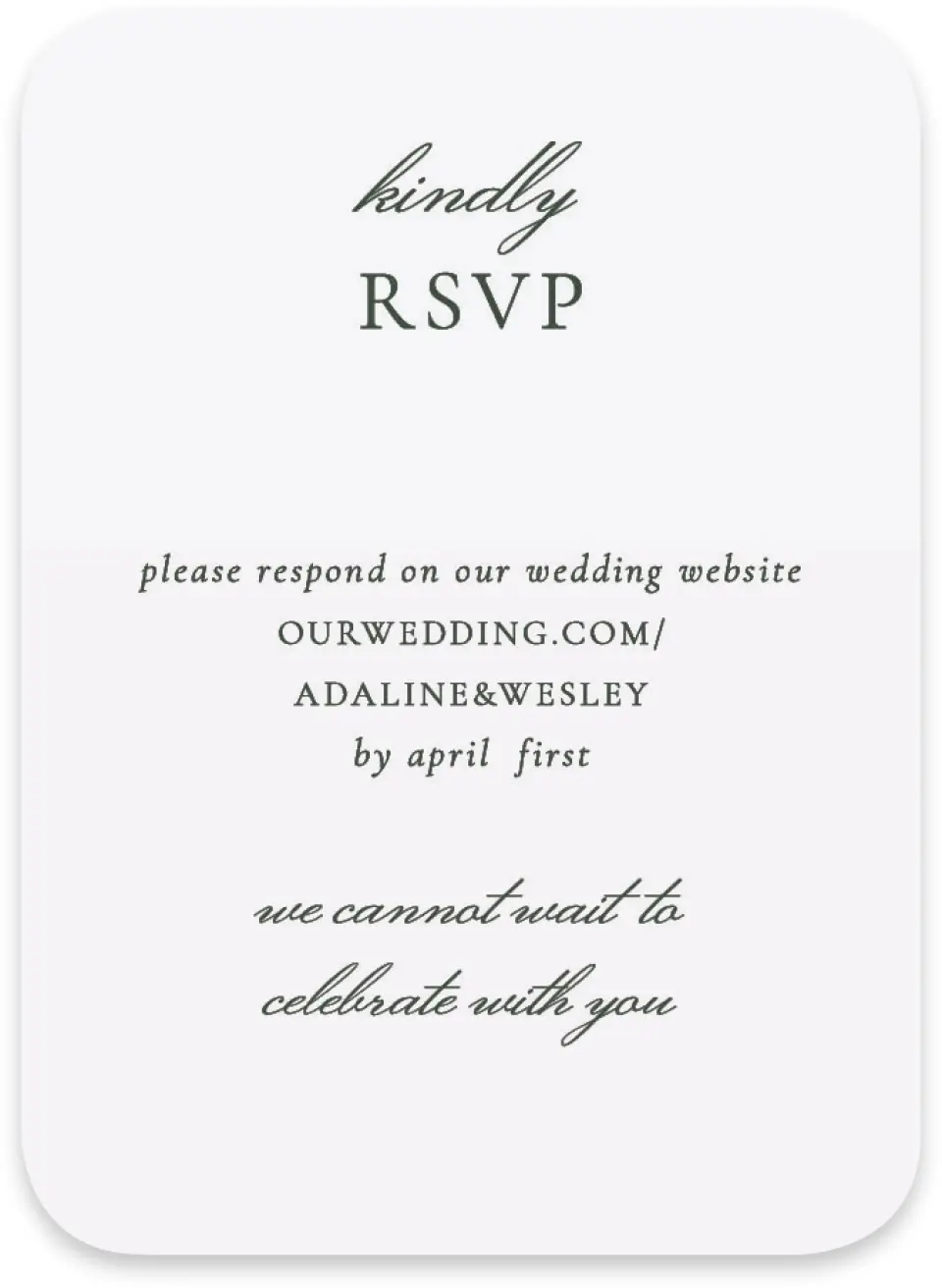 This is a 4½" x 3¼" Wedding Invitation RSVP Postcard called The Adaline printed in full color with Silver foil on Luxe Satin paper