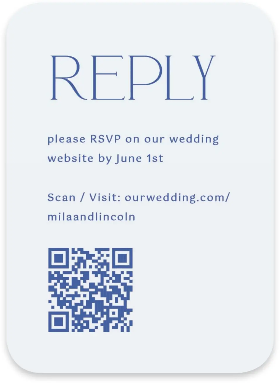 This is a 4½" x 3¼" Wedding Invitation RSVP Postcard called The Mila printed in full color on Luxe Satin paper