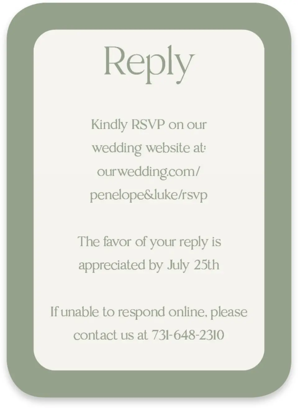 This is a 4½" x 3¼" Wedding Invitation RSVP Postcard called The Penelope printed in full color on Luxe Satin paper