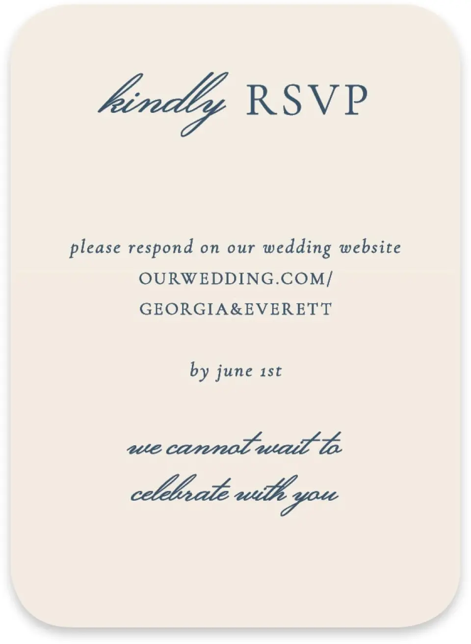 This is a 4½" x 3¼" Wedding Invitation RSVP Postcard called The Georgia printed in full color on Luxe Satin paper