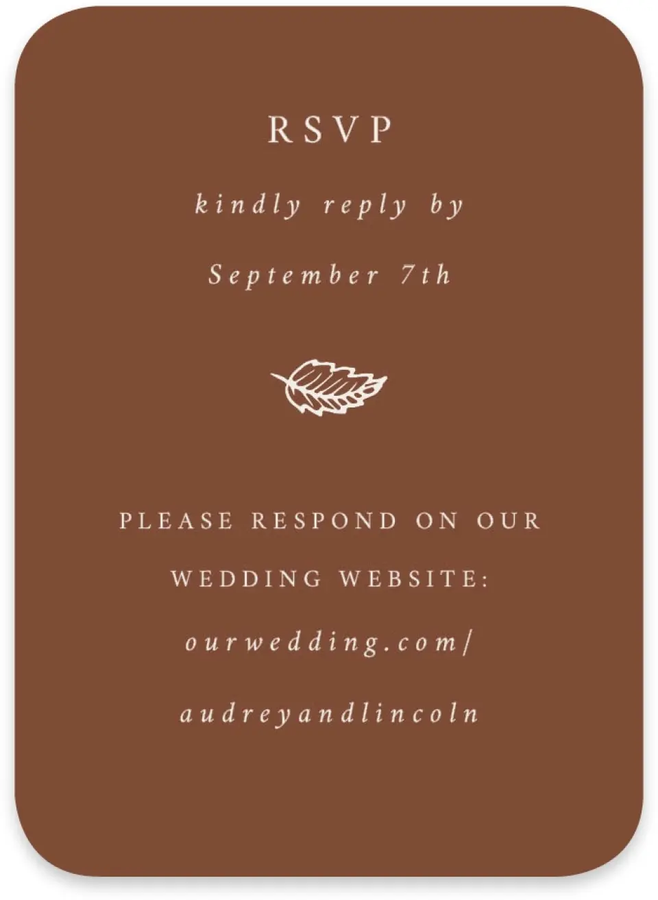 This is a 4½" x 3¼" Wedding Invitation RSVP Postcard called Autumn Vow printed in full color on Luxe Satin paper