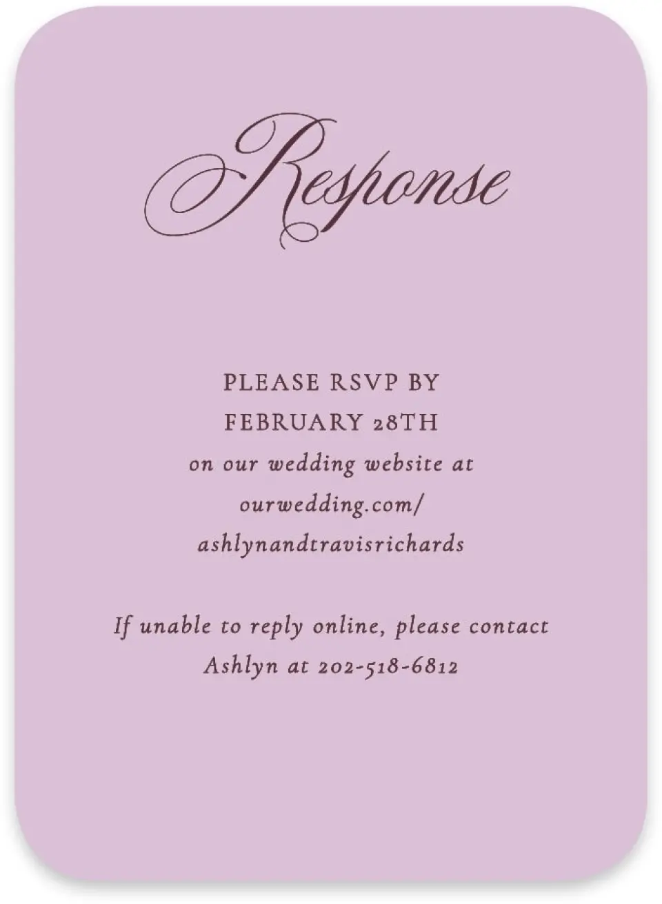 This is a 4½" x 3¼" Wedding Invitation RSVP Postcard called Georgetown printed in full color on Luxe Satin paper