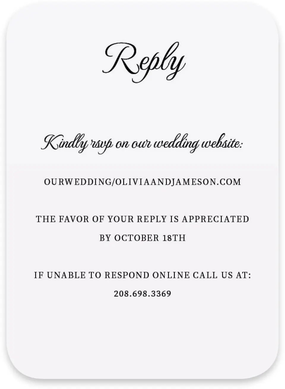 This is a 4½" x 3¼" Wedding Invitation RSVP Postcard called Scarsdale printed in full color on Luxe Satin paper