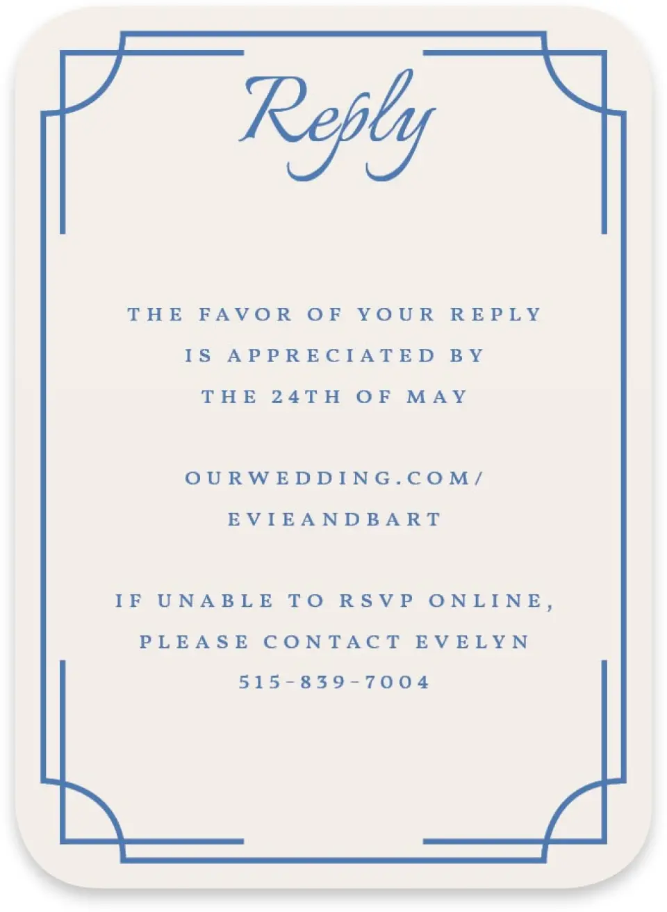 This is a 4½" x 3¼" Wedding Invitation RSVP Postcard called Cambridge printed in full color on Luxe Satin paper
