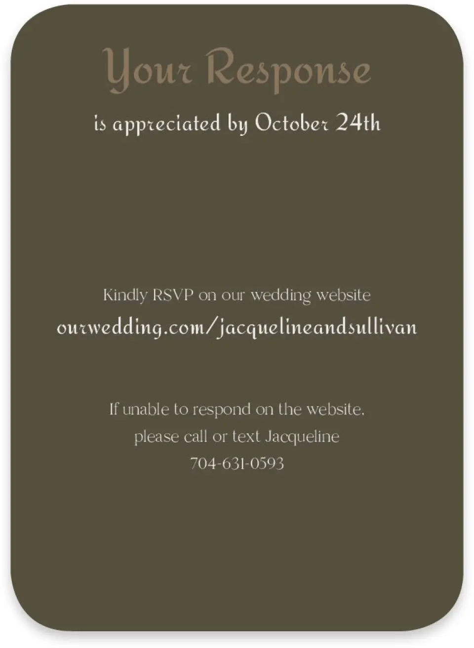 This is a 4½" x 3¼" Wedding Invitation RSVP Postcard called Lafayette printed in full color on Luxe Satin paper