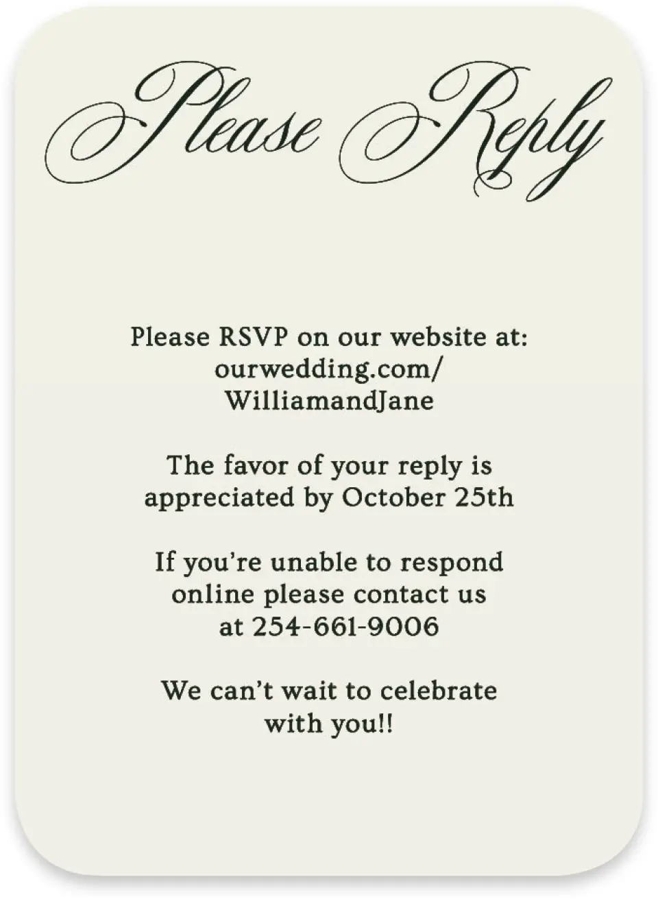 This is a 4½" x 3¼" Wedding Invitation RSVP Postcard called Hillsborough printed in full color on Luxe Satin paper