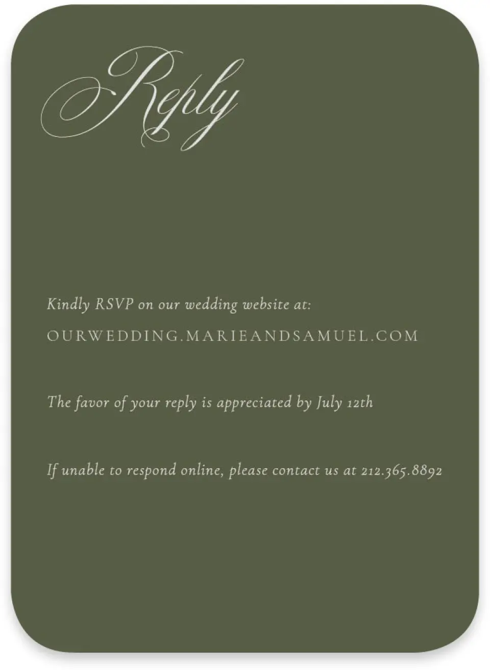 This is a 4½" x 3¼" Wedding Invitation RSVP Postcard called Foxfire printed in full color on Luxe Satin paper