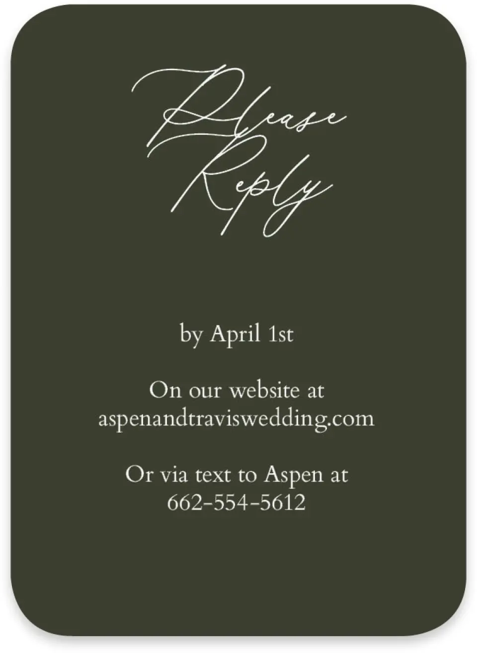 This is a 4½" x 3¼" Wedding Invitation RSVP Postcard called Willowmere printed in full color on Luxe Satin paper