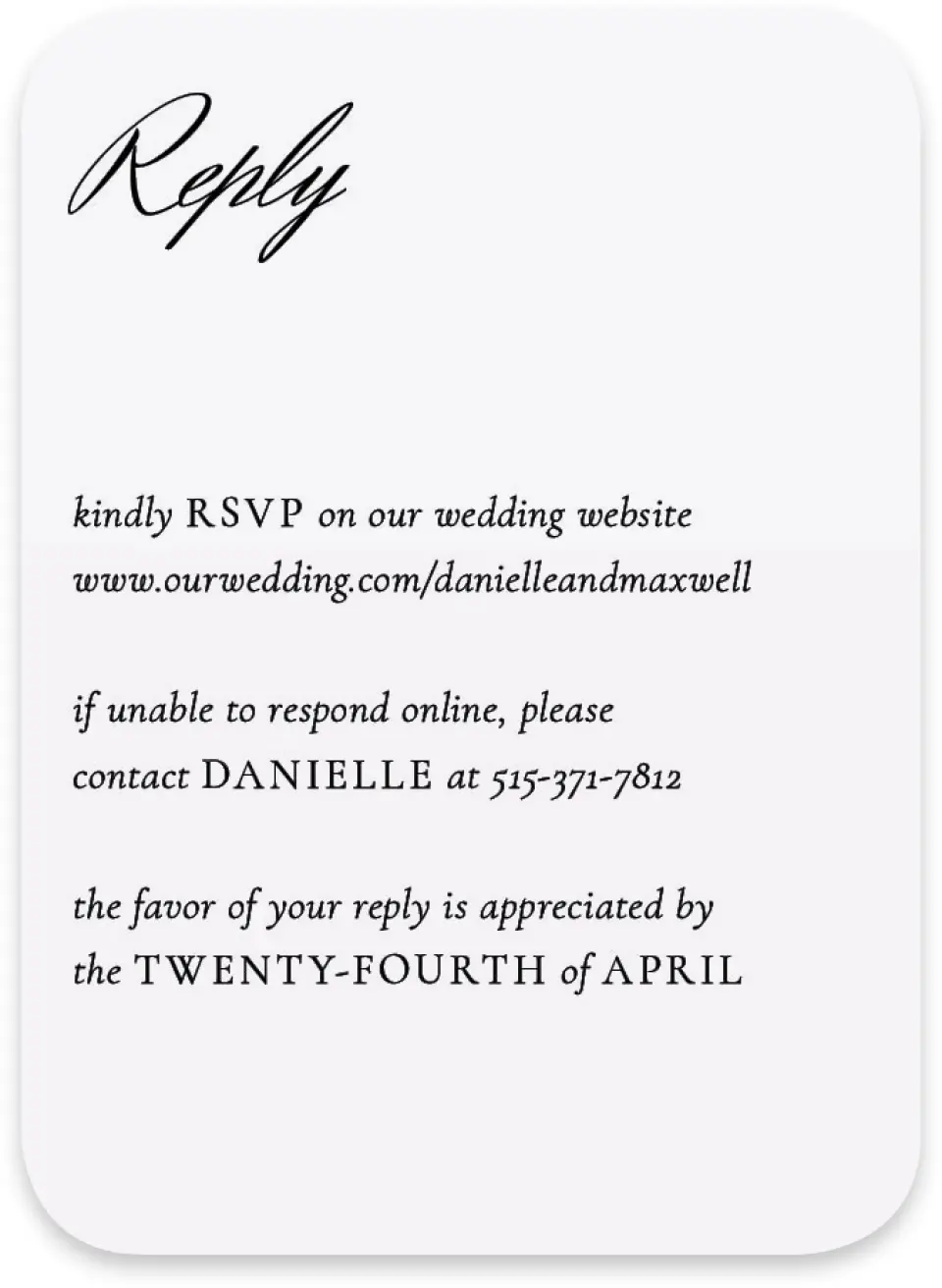 This is a 4½" x 3¼" Wedding Invitation RSVP Postcard called Commonwealth Club printed in full color with Silver foil on Luxe Satin paper