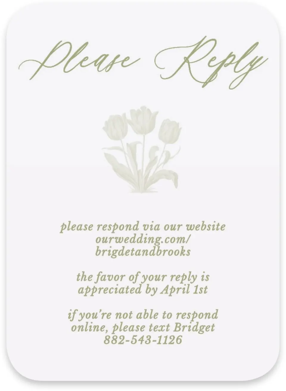 This is a 4½" x 3¼" Wedding Invitation RSVP Postcard called Timeless Tulips printed in full color on Luxe Satin paper