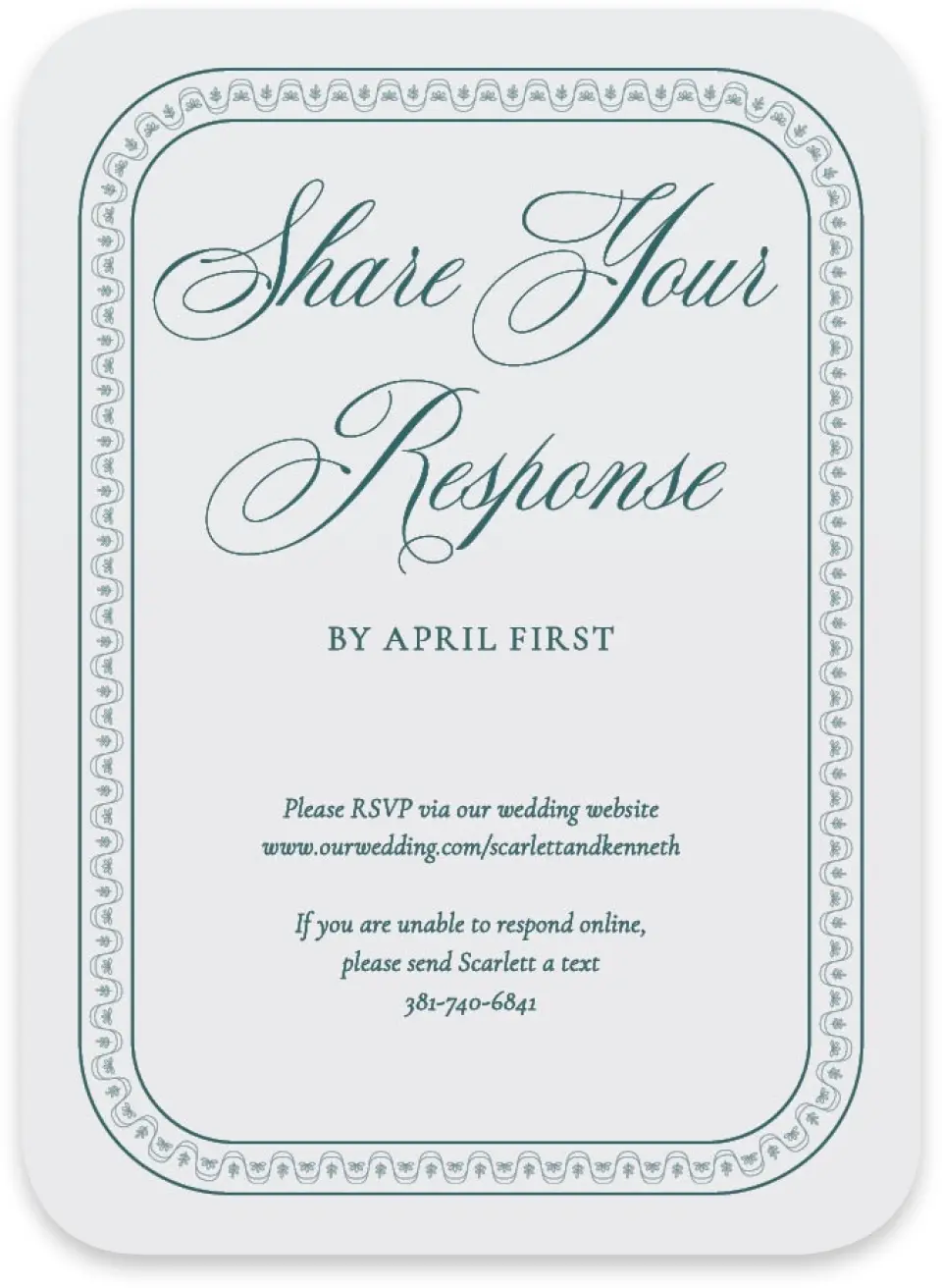 This is a 4½" x 3¼" Wedding Invitation RSVP Postcard called Delicate Vintage printed in full color with Silver foil on Luxe Satin paper
