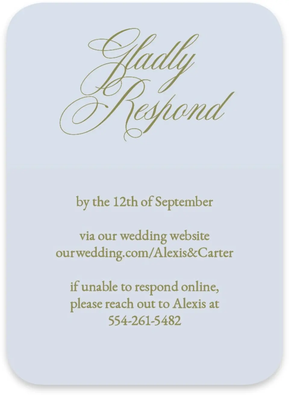 This is a 4½" x 3¼" Wedding Invitation RSVP Postcard called Signature Vows printed in full color on Luxe Satin paper