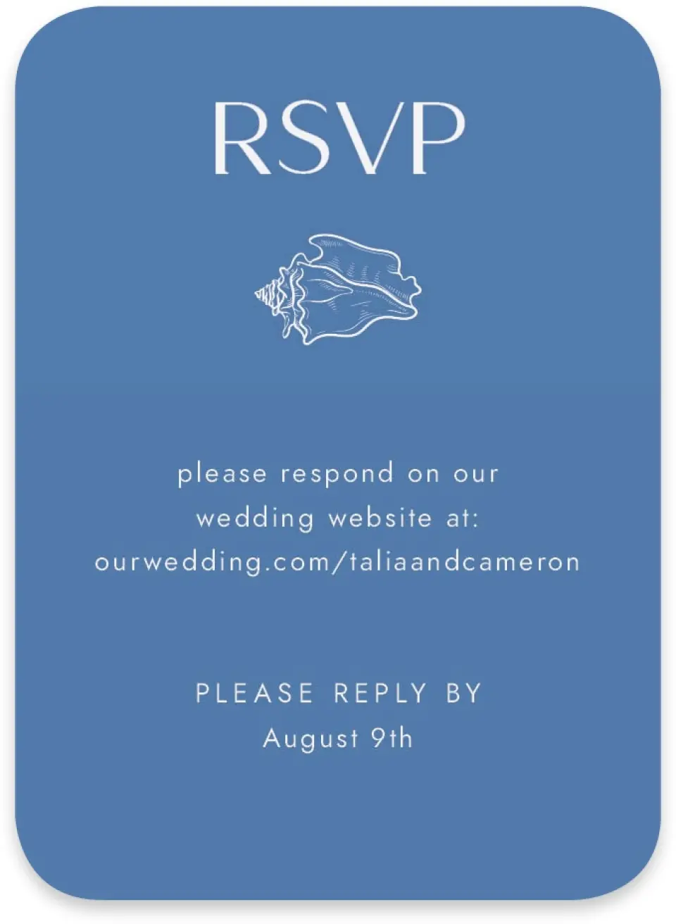 This is a 4½" x 3¼" Wedding Invitation RSVP Postcard called Seaside Serenade printed in full color on Luxe Satin paper