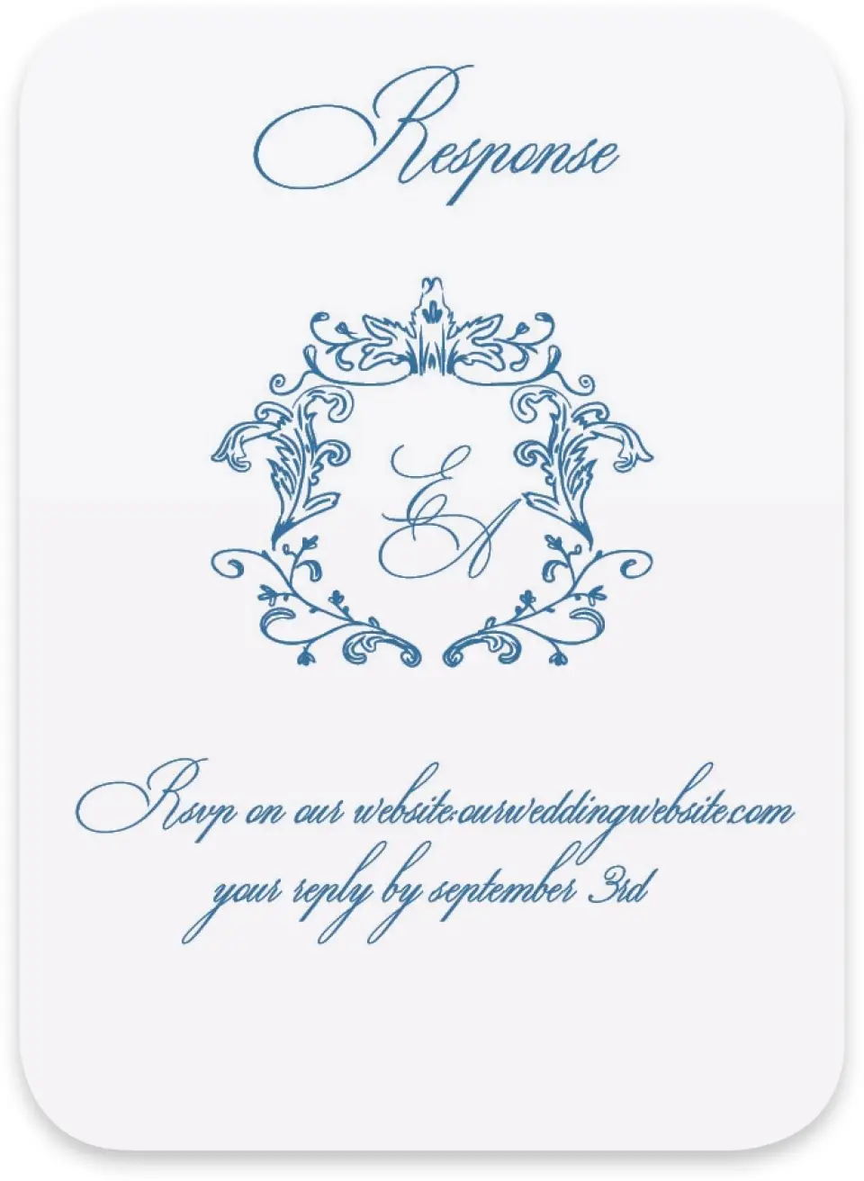 This is a 4½" x 3¼" Wedding Invitation RSVP Postcard called Blue Toile Romance printed in full color on Luxe Satin paper