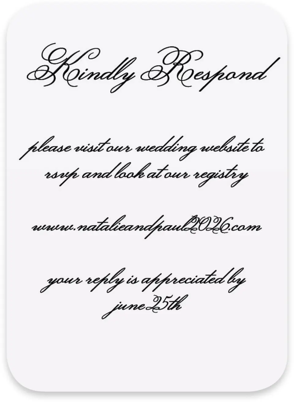 This is a 4½" x 3¼" Wedding Invitation RSVP Postcard called Formal Script printed in full color on Luxe Satin paper