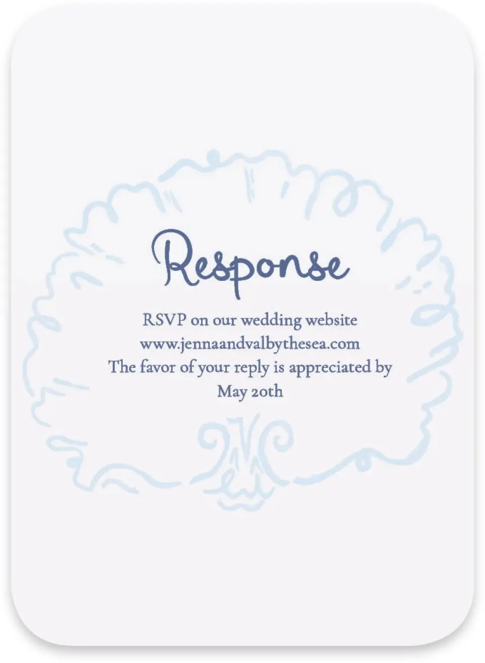 This is a 4½" x 3¼" Wedding Invitation RSVP Postcard called Love by the Sea printed in full color on Luxe Satin paper