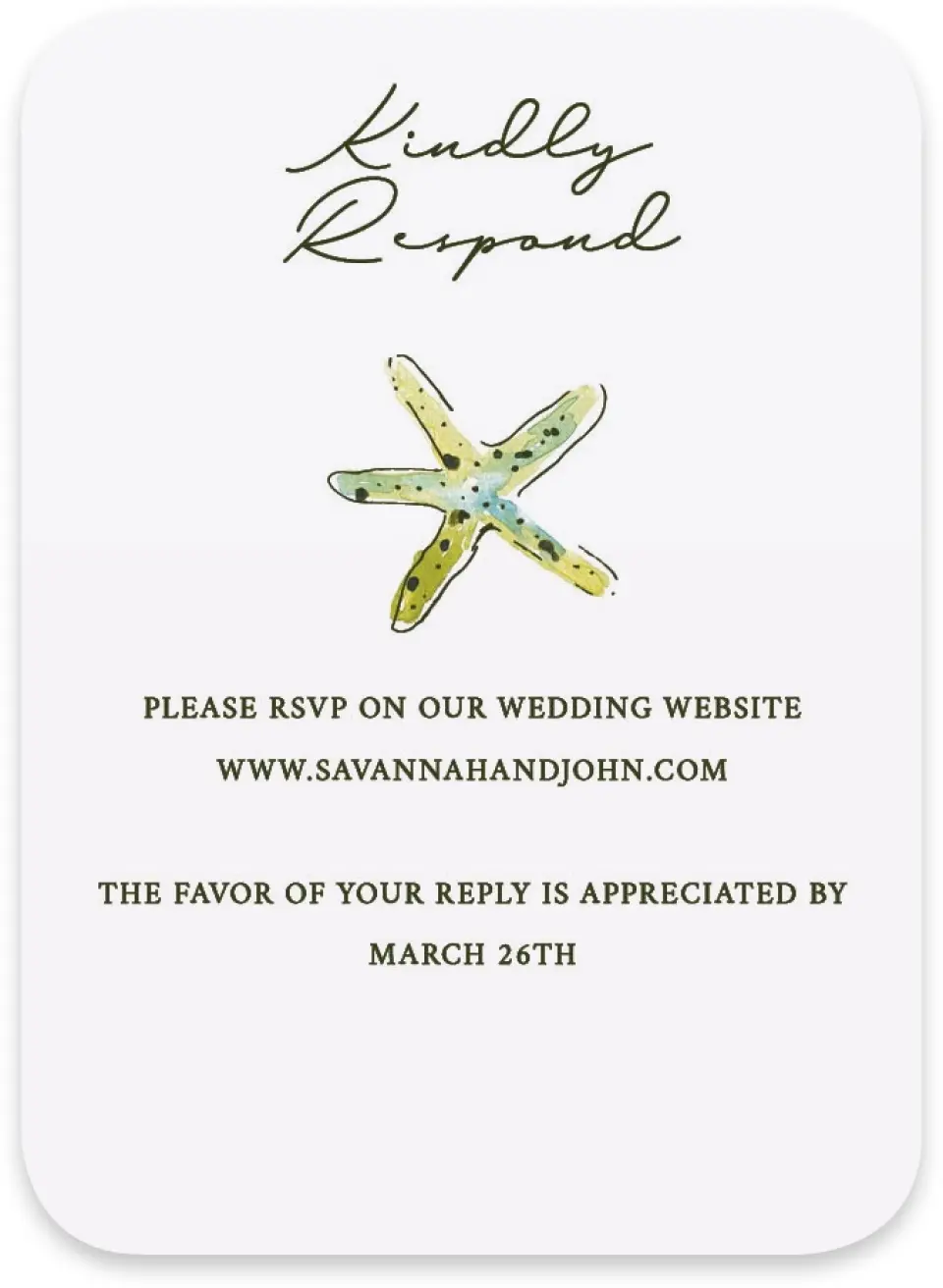 This is a 4½" x 3¼" Wedding Invitation RSVP Postcard called Whimsical Shells printed in full color on Luxe Satin paper