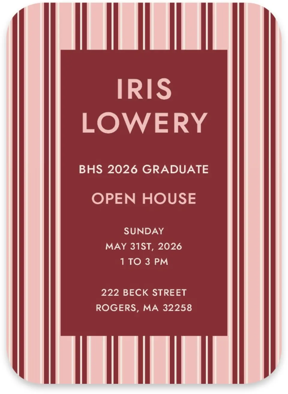 This is a 4½" x 3¼" Wedding Invitation RSVP Postcard called Striped Admiration printed in full color on Luxe Satin paper