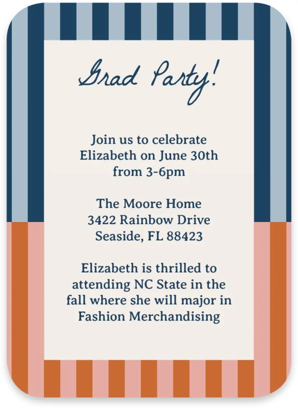 This is a 4½" x 3¼" Wedding Invitation RSVP Postcard called Scholarly Stripes printed in full color on Luxe Satin paper