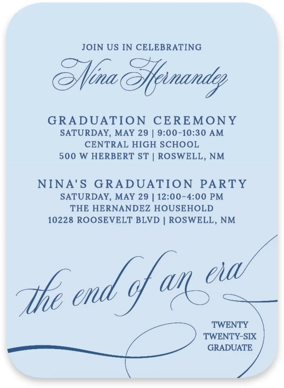 This is a 4½" x 3¼" Wedding Invitation RSVP Postcard called The End of an Era printed in full color with Rose Gold foil on Luxe Satin paper