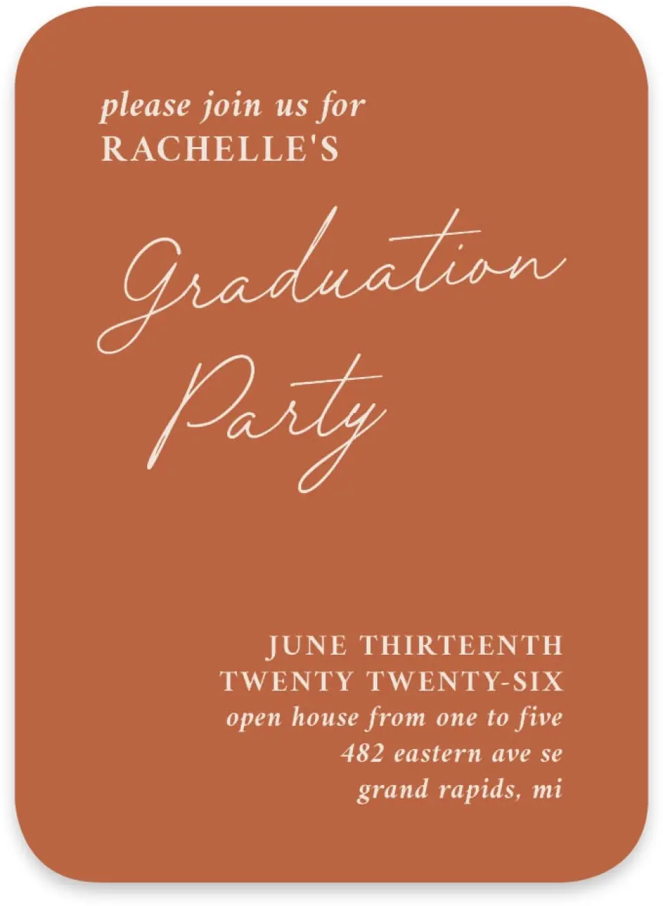This is a 4½" x 3¼" Wedding Invitation RSVP Postcard called Wholesome Grad printed in full color on Luxe Satin paper