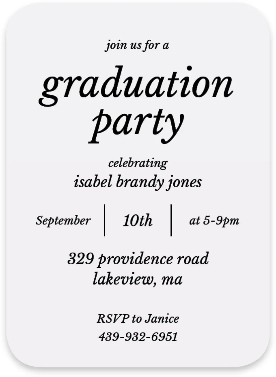 This is a 4½" x 3¼" Wedding Invitation RSVP Postcard called Snapshot Graduate printed in full color on Luxe Satin paper