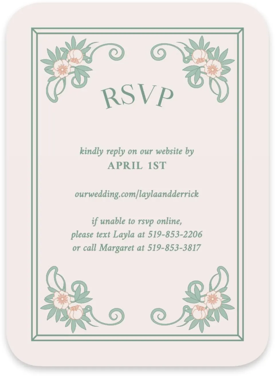 This is a 4½" x 3¼" Wedding Invitation RSVP Postcard called Vintage Dream printed in full color with Silver foil on Luxe Satin paper