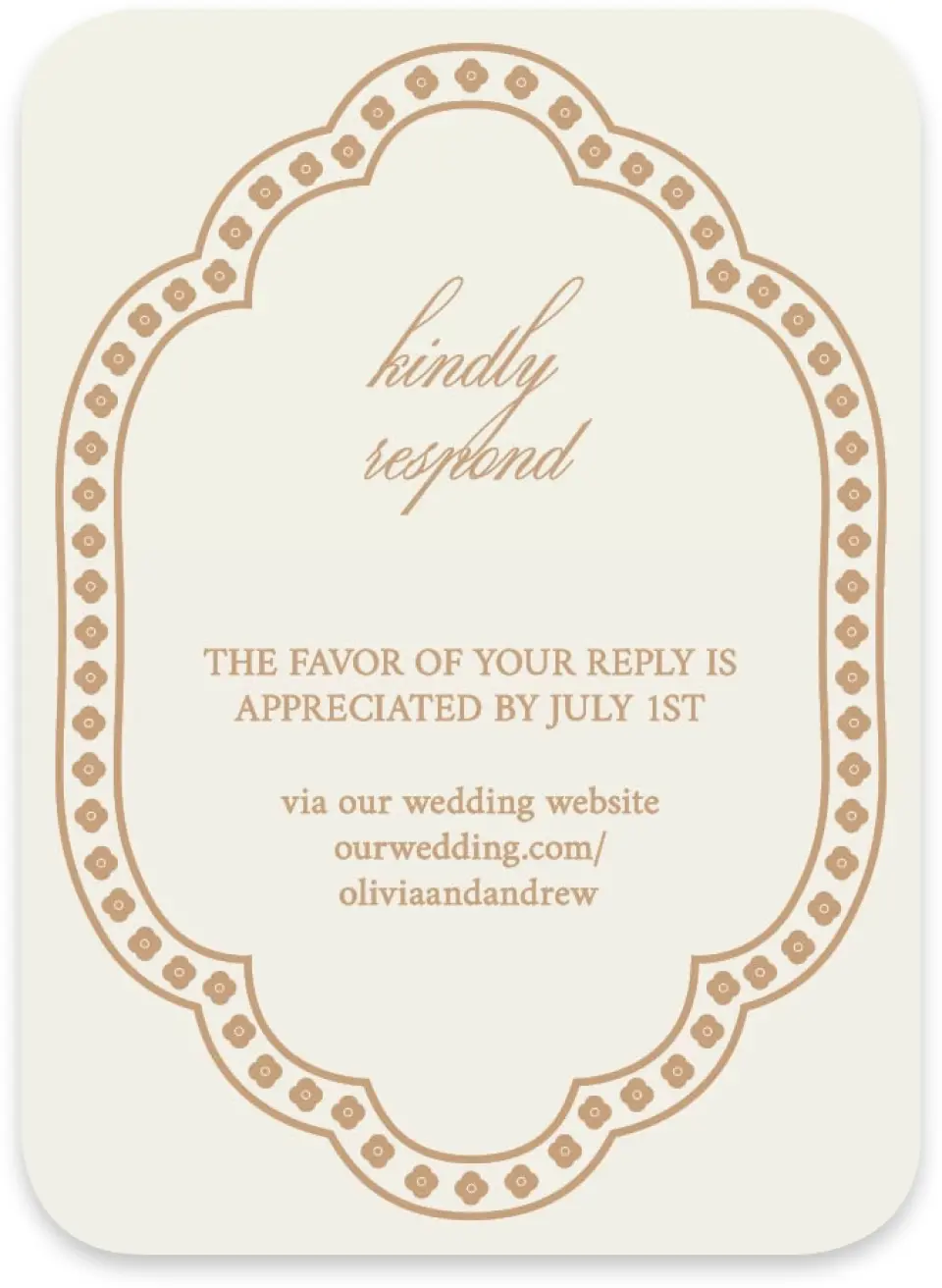 This is a 4½" x 3¼" Wedding Invitation RSVP Postcard called Beaded Veil printed in full color with Gold foil on Luxe Satin paper