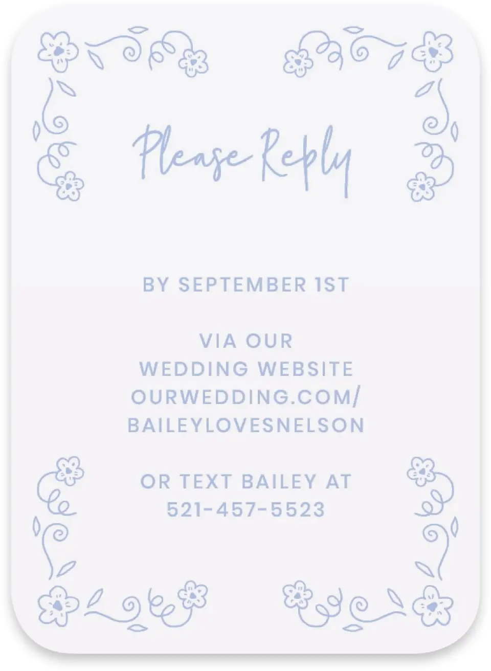 This is a 4½" x 3¼" Wedding Invitation RSVP Postcard called Framed in Flowers printed in full color with Gold foil on Luxe Satin paper