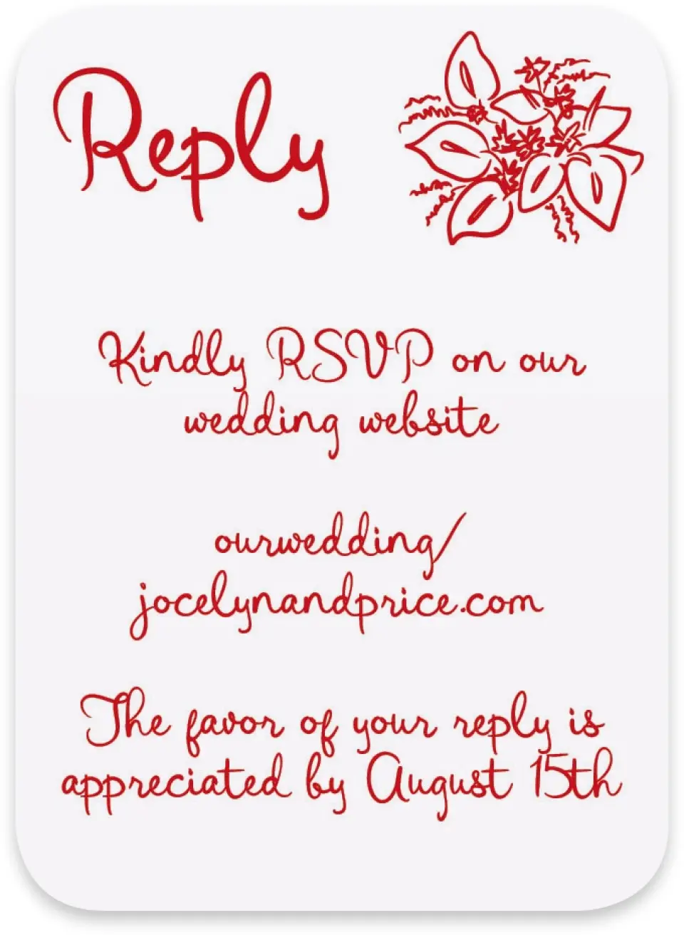 This is a 4½" x 3¼" Wedding Invitation RSVP Postcard called Flourishing Love printed in full color with Gold foil on Luxe Satin paper