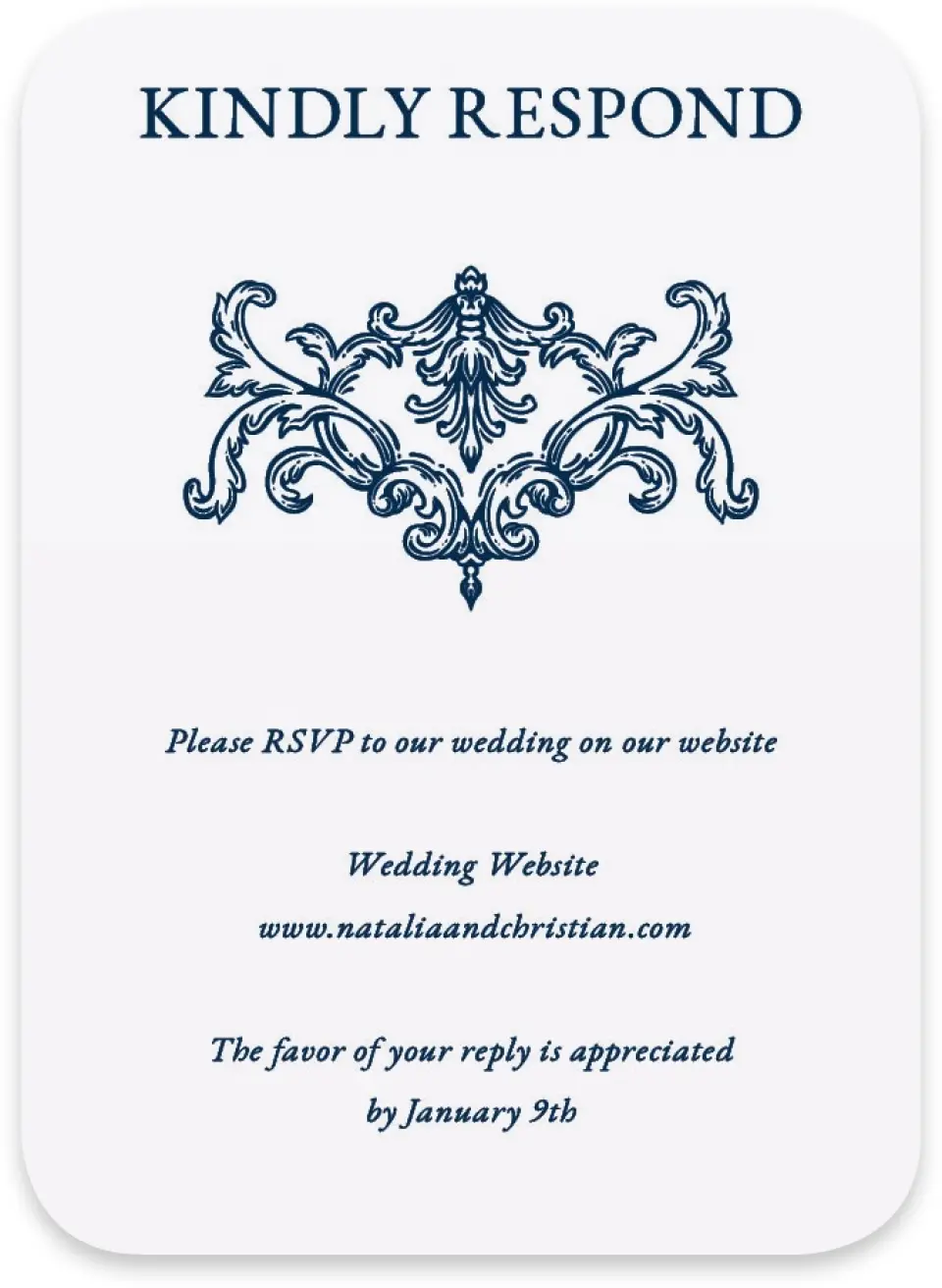 This is a 4½" x 3¼" Wedding Invitation RSVP Postcard called Heirloom Crest printed in full color with Gold foil on Luxe Satin paper