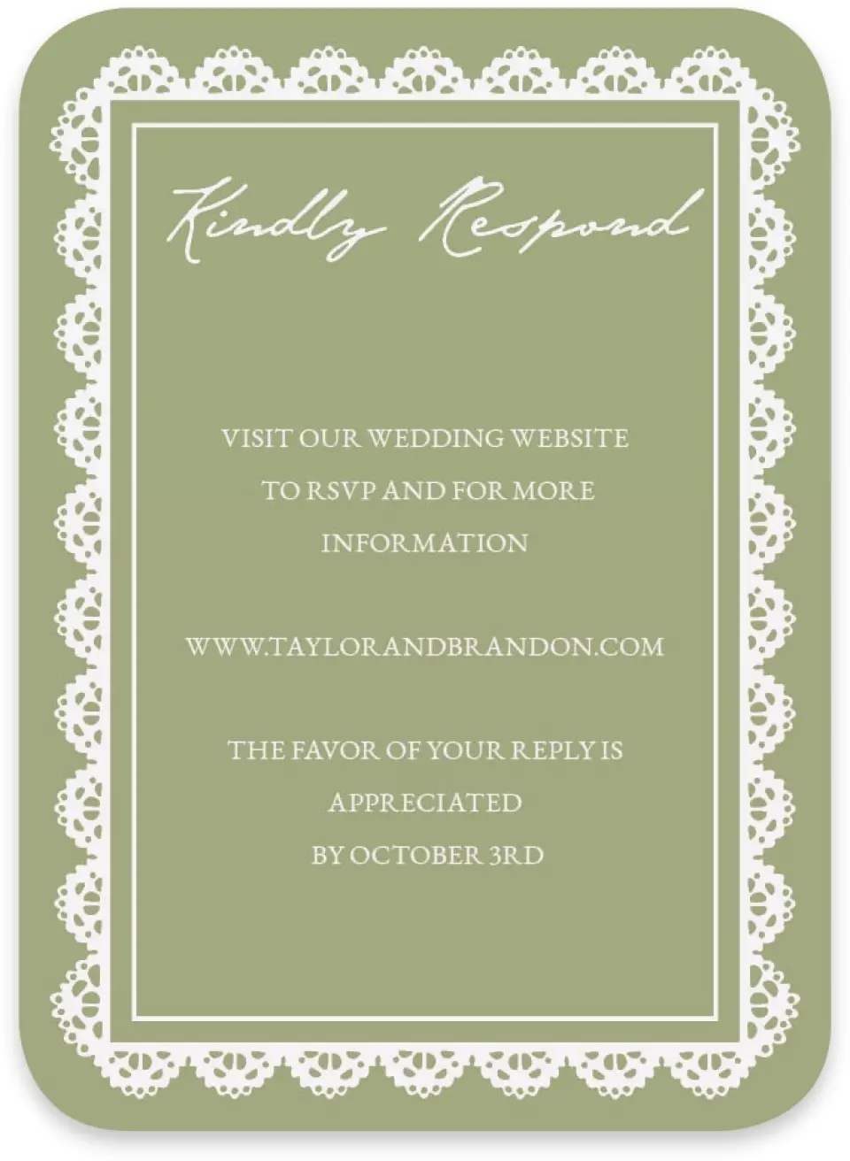 This is a 4½" x 3¼" Wedding Invitation RSVP Postcard called Verdant Romance printed in full color with Gold foil on Luxe Satin paper