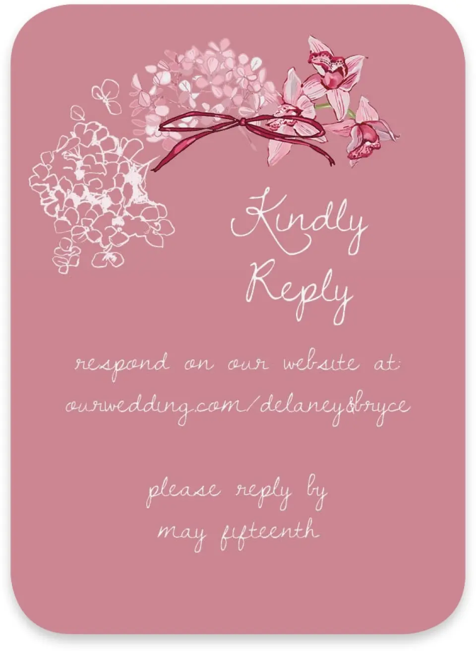 This is a 4½" x 3¼" Wedding Invitation RSVP Postcard called Blushing Whimsy printed in full color with Gold foil on Luxe Satin paper
