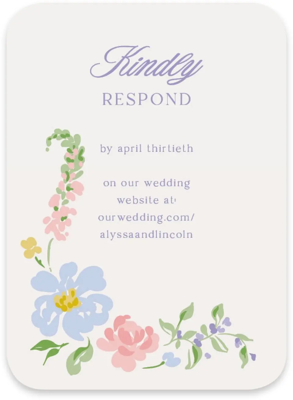 This is a 4½" x 3¼" Wedding Invitation RSVP Postcard called Gentle Garden printed in full color with Gold foil on Luxe Satin paper